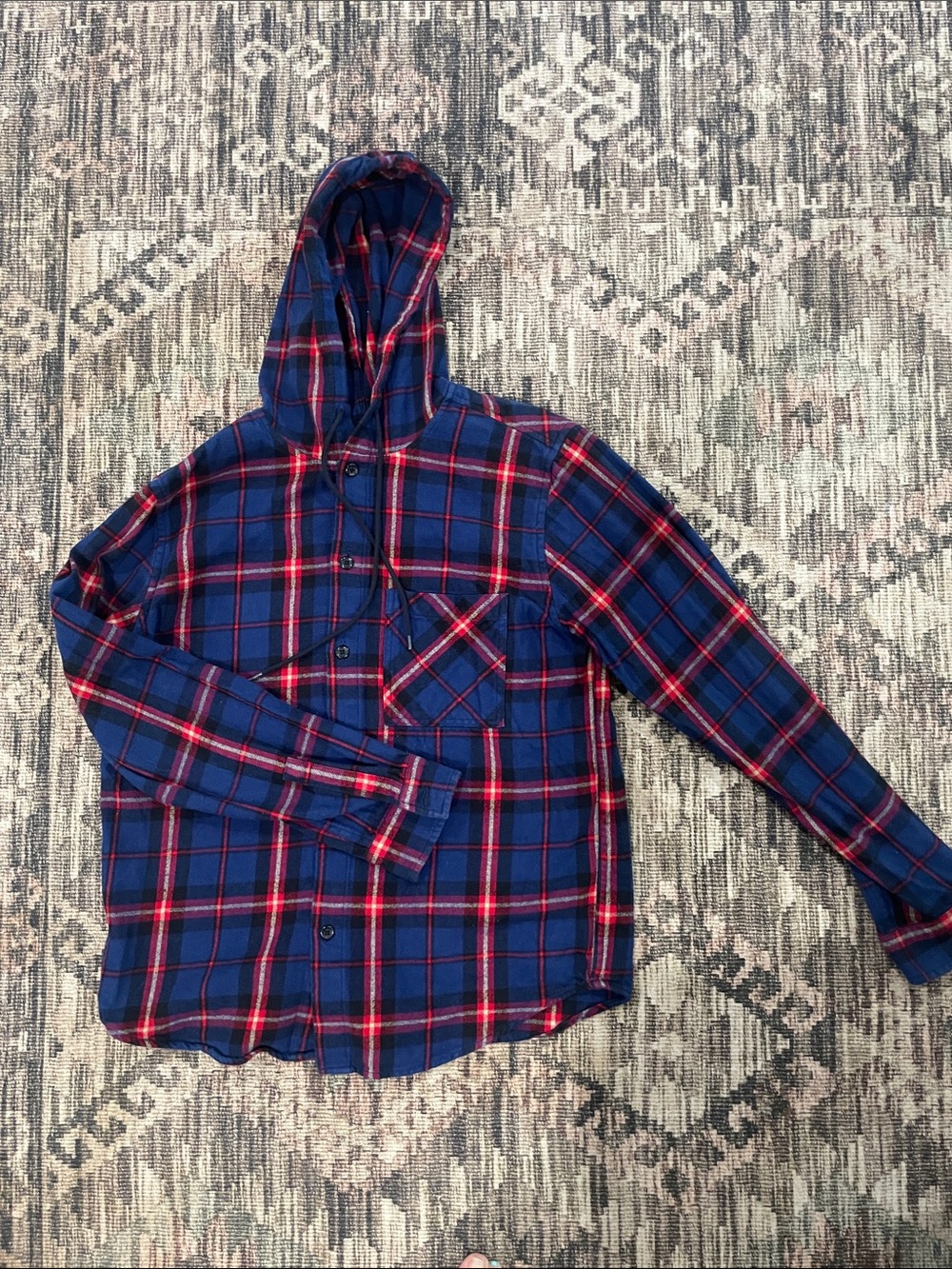 Original Use Blue and Red Plaid Hooded Button-Down Shirt